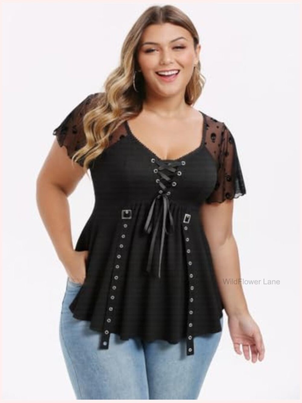 Plus Size Gothic Skull Mesh Flutter Sleeve Lace Up Blouse Top - Picture 2 of 5
